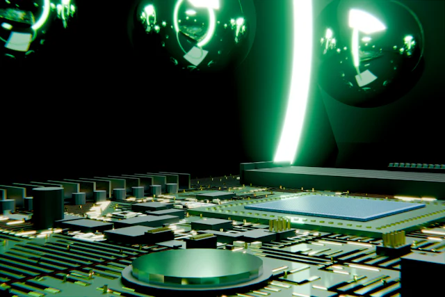 A high-performance circuit board illuminated in blue and green