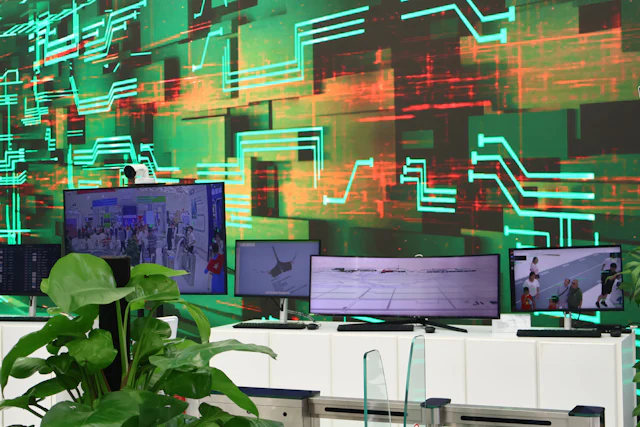 Connected digital screens layered over a blue-green circuit board