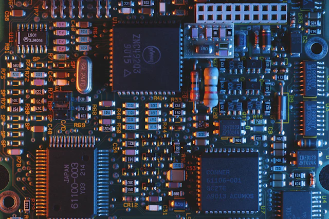 Detailed blue and teal electronic circuit board