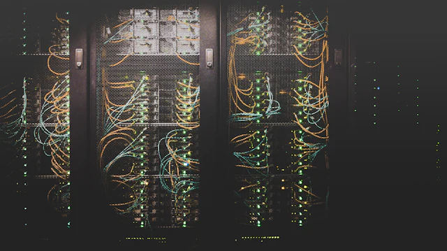 Rows of illuminated data-center servers