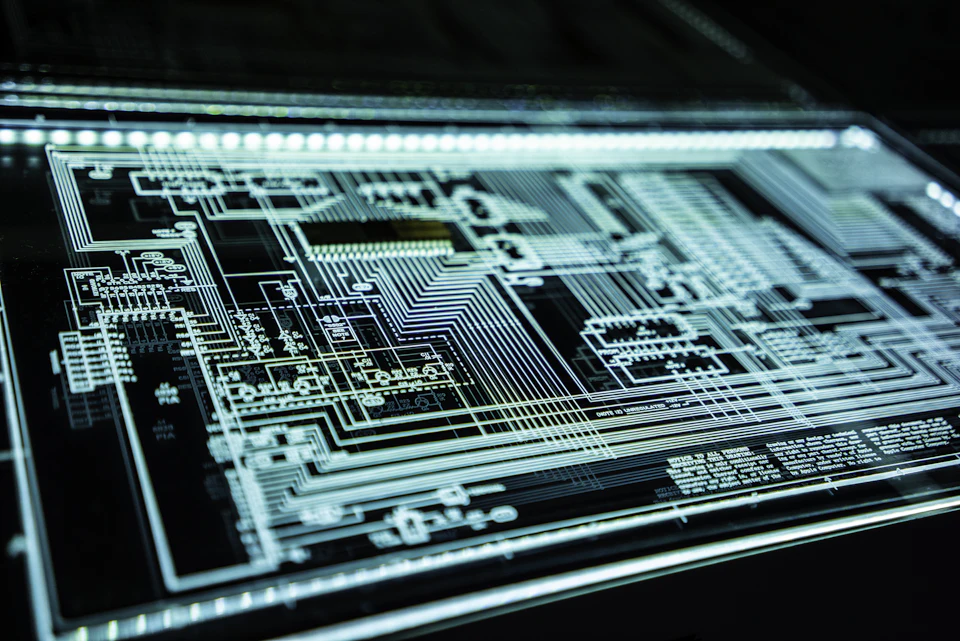 Abstract digital network and data signals on a dark display