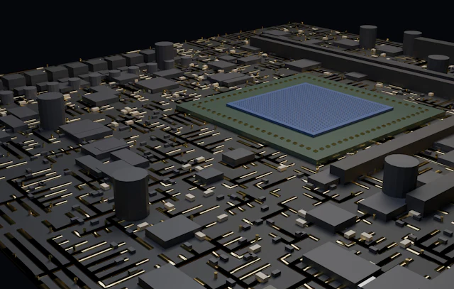 A blue microchip embedded in a dense decision network